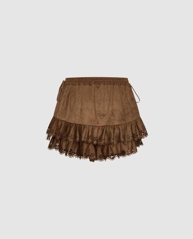  URBAN REVIVO - Quần short giả váy nữ xếp tầng phối bèo 
