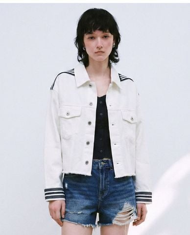  URBAN REVIVO - Áo khoác denim nữ cổ thủy thủ phối viền 