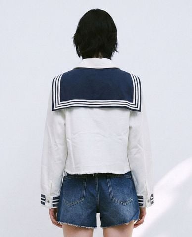  URBAN REVIVO - Áo khoác denim nữ cổ thủy thủ phối viền 