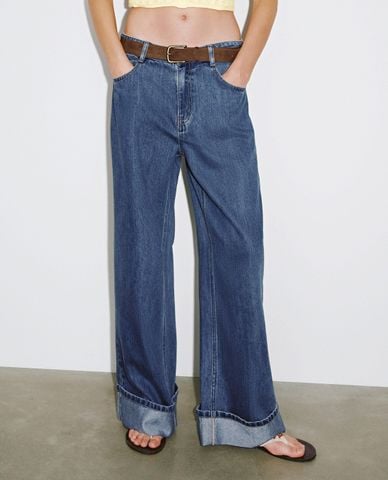  URBAN REVIVO - Quần jeans nữ ống rộng kèm thắt lưng 