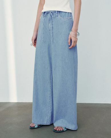  URBAN REVIVO - Quần jeans nữ ống rộng phối dây rút 