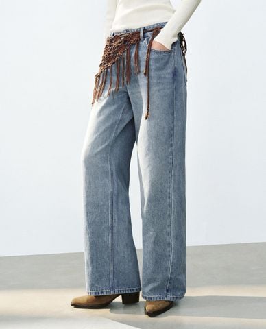  URBAN REVIVO - Quần jeans nữ ống rộng phối khăn tua rua 