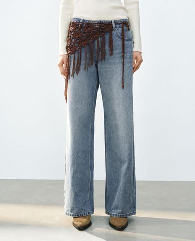  URBAN REVIVO - Quần jeans nữ ống rộng phối khăn tua rua 