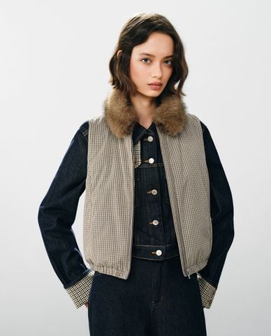  URBAN REVIVO - Áo khoác gilet nữ cổ lông sọc caro 