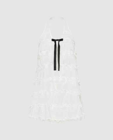  URBAN REVIVO - Đầm mini cổ yếm xếp tầng phối nơ 