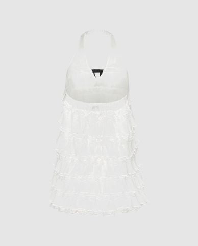  URBAN REVIVO - Đầm mini cổ yếm xếp tầng phối nơ 
