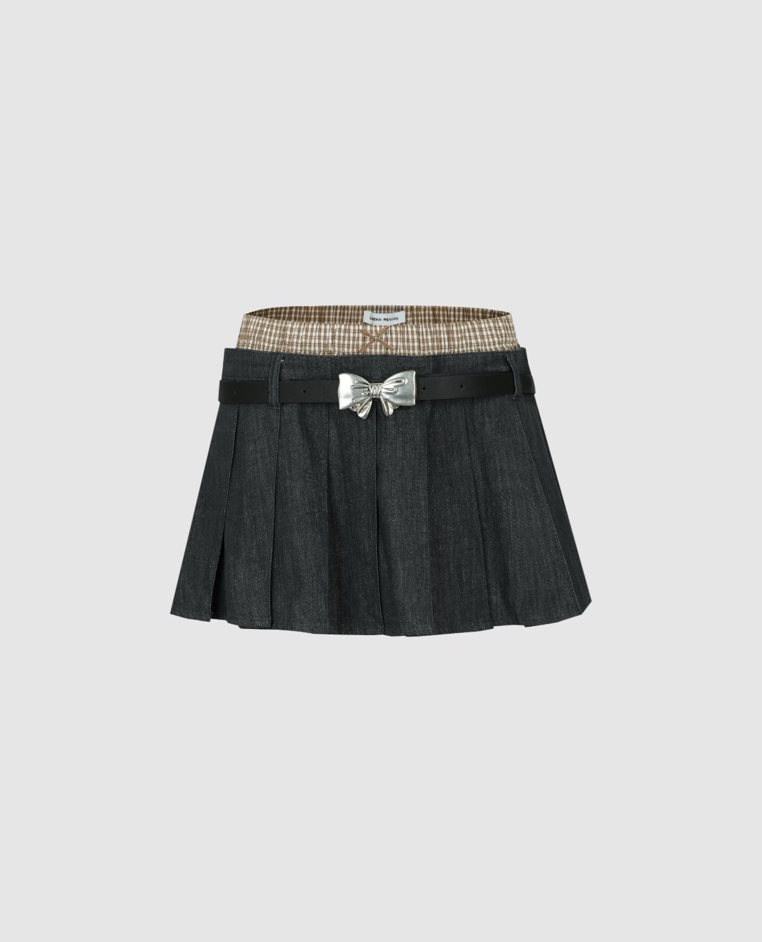 URBAN REVIVO - Chân váy denim mini xếp li phối lớp caro