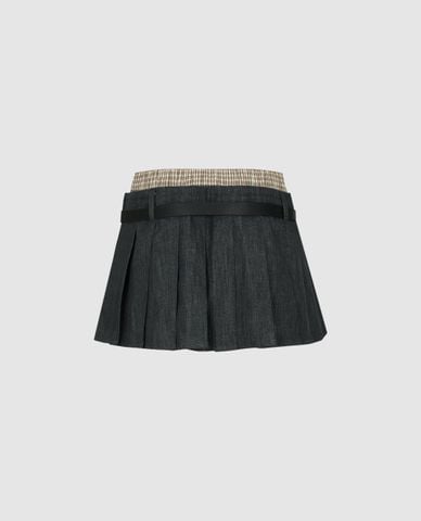  URBAN REVIVO - Chân váy denim mini xếp li phối lớp caro 