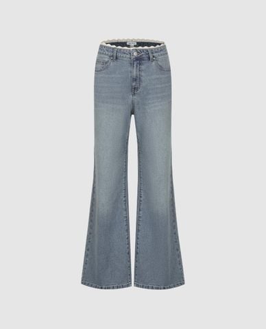  URBAN REVIVO - Quần jeans nữ ống loe phối ren 