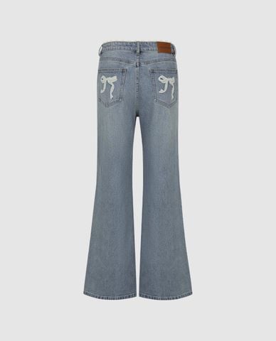  URBAN REVIVO - Quần jeans nữ ống loe phối ren 