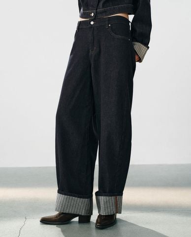  URBAN REVIVO - Quần jeans nữ ống rộng xắn gấu 