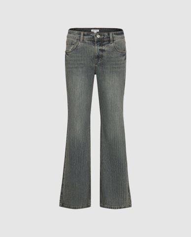  URBAN REVIVO - Quần jeans nữ ống loe họa tiết kẻ sọc 