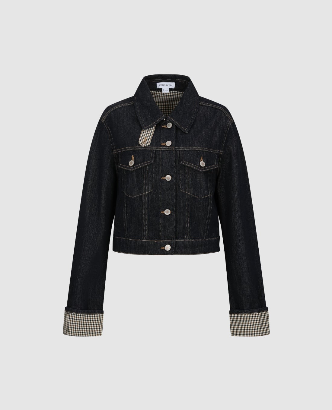URBAN REVIVO - Áo khoác denim nữ cổ bẻ tay dài caro