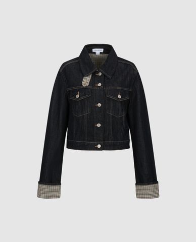  URBAN REVIVO - Áo khoác denim nữ cổ bẻ tay dài caro 