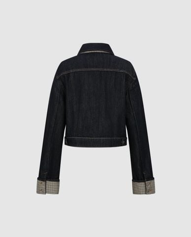 URBAN REVIVO - Áo khoác denim nữ cổ bẻ tay dài caro 