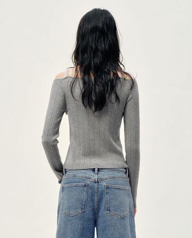  URBAN REVIVO - Áo dệt kim nữ trễ vai tay dài phối nơ 