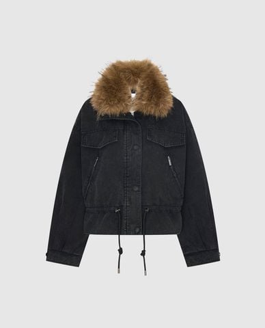 URBAN REVIVO - Áo khoác denim nữ cổ lông phối túi 