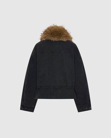  URBAN REVIVO - Áo khoác denim nữ cổ lông phối túi 