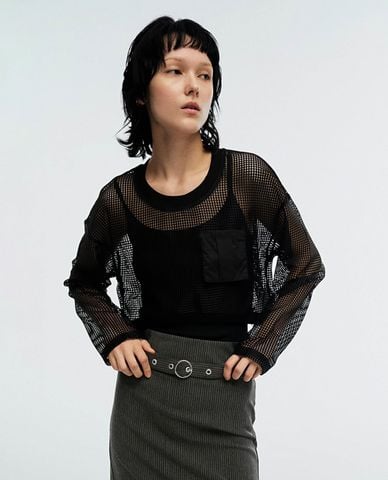  URBAN REVIVO - Áo croptop nữ tay dài xuyên thấu 