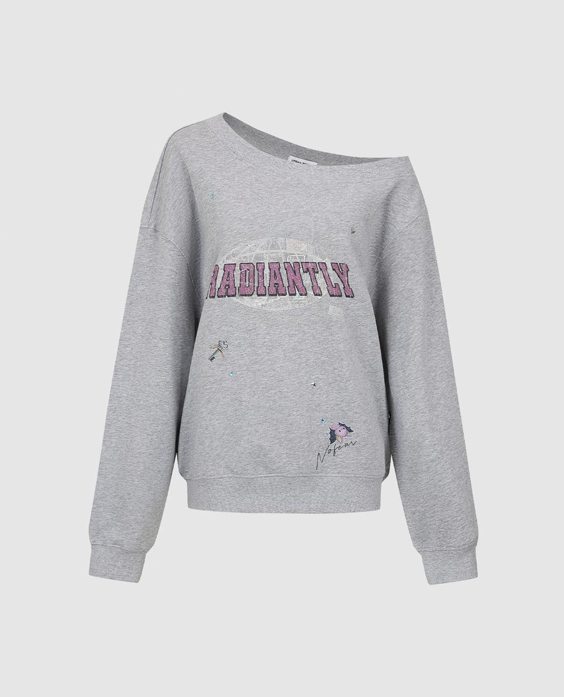 URBAN REVIVO - Áo sweatshirt nữ trễ vai tay dài in họa tiết