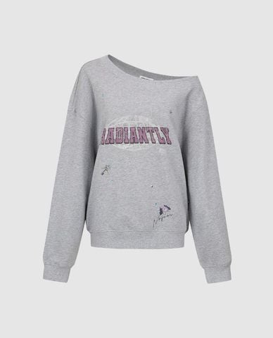  URBAN REVIVO - Áo sweatshirt nữ trễ vai tay dài in họa tiết 
