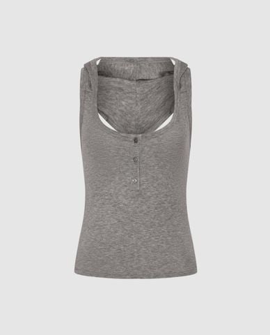  URBAN REVIVO - Áo sát nách nữ cổ U phối mũ cài khuy 