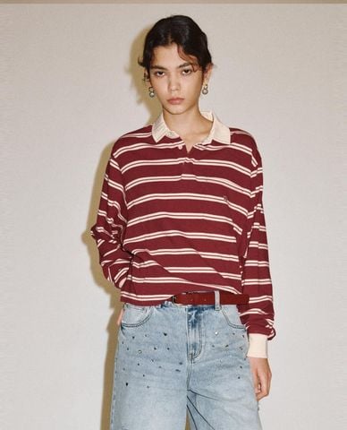  URBAN REVIVO - Áo polo nữ cổ bẻ tay dài kẻ sọc 
