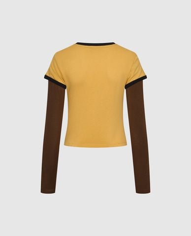  URBAN REVIVO - Áo thun nữ tay dài phối layer in chữ 