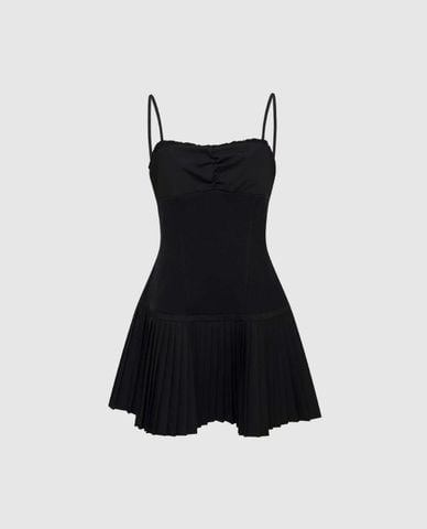  URBAN REVIVO - Đầm hai dây mini dáng xoè xếp li 