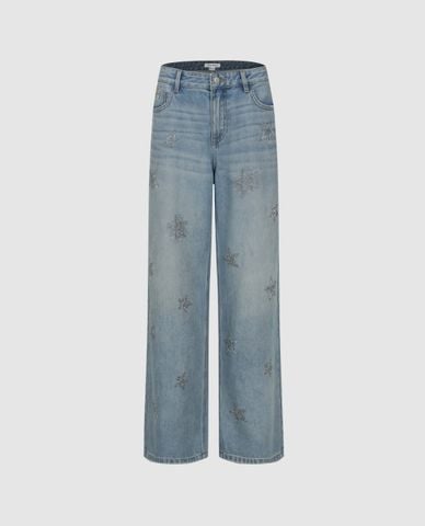  URBAN REVIVO - Quần jeans nữ ống rộng đính đá ngôi sao 