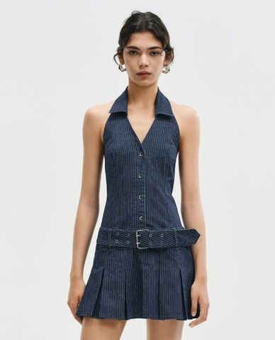  URBAN REVIVO - Đầm mini cổ yếm kẻ sọc kèm thắt lưng 