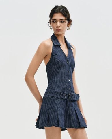  URBAN REVIVO - Đầm mini cổ yếm kẻ sọc kèm thắt lưng 