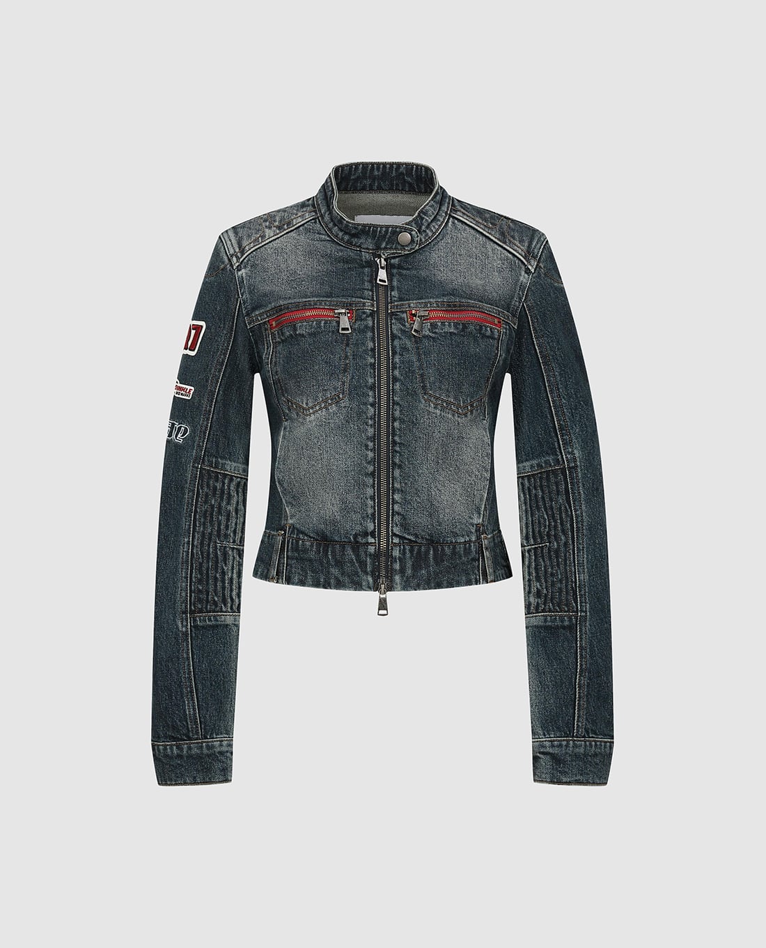 URBAN REVIVO - Áo khoác denim nữ cổ trụ wash bạc