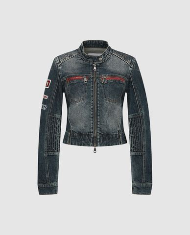  URBAN REVIVO - Áo khoác denim nữ cổ trụ wash bạc 