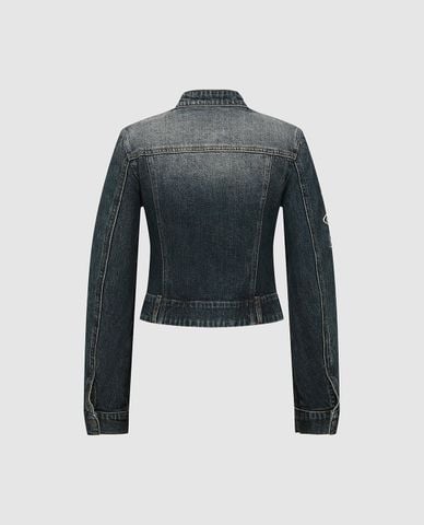  URBAN REVIVO - Áo khoác denim nữ cổ trụ wash bạc 