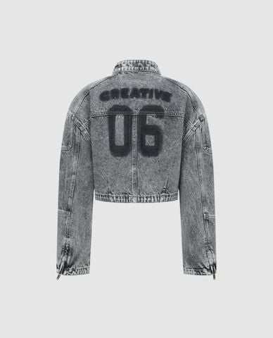  URBAN REVIVO - Áo khoác denim nữ cổ trụ phom croptop 