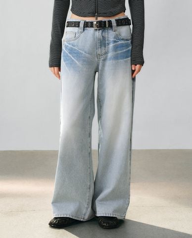  URBAN REVIVO - Quần jeans nữ ống rộng wash bạc 