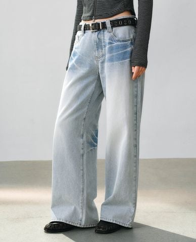  URBAN REVIVO - Quần jeans nữ ống rộng wash bạc 