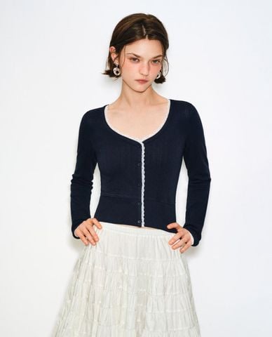  URBAN REVIVO - Áo khoác cardigan nữ cổ tim tay dài viền ren 