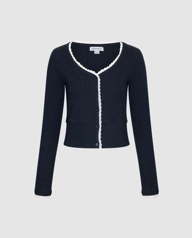 URBAN REVIVO - Áo khoác cardigan nữ cổ tim tay dài viền ren 