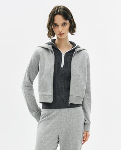  URBAN REVIVO - Áo khoác croptop nữ cổ bẻ tay dài khóa kéo 