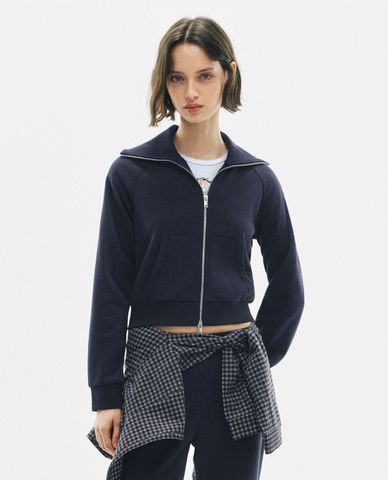  URBAN REVIVO - Áo khoác croptop nữ cổ bẻ tay dài khóa kéo 
