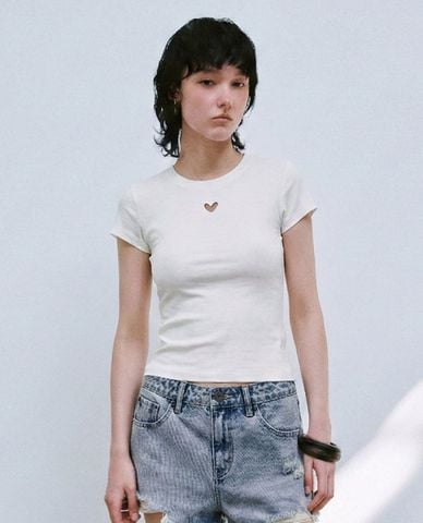  URBAN REVIVO - Áo croptop nữ cổ tròn tay ngắn phom ôm 