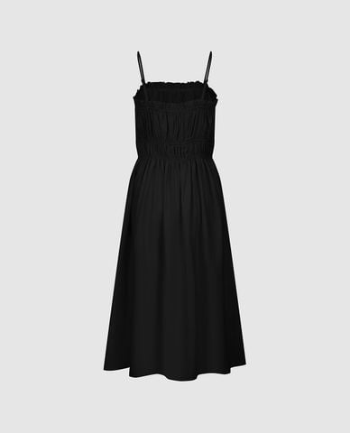  URBAN REVIVO - Đầm hai dây midi nhún eo thanh lịch 