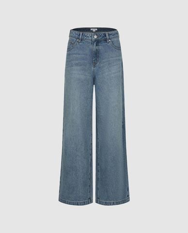  URBAN REVIVO - Quần jeans nữ ống rộng wash bạc 
