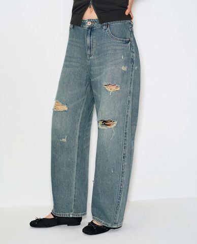  URBAN REVIVO - Quần jeans nữ ống rộng wash bạc rách gối 