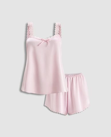  VERA - Bộ quần áo nữ ngắn mặc nhà satin trơn phối ren 