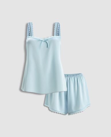  VERA - Bộ quần áo nữ ngắn mặc nhà satin trơn phối ren 