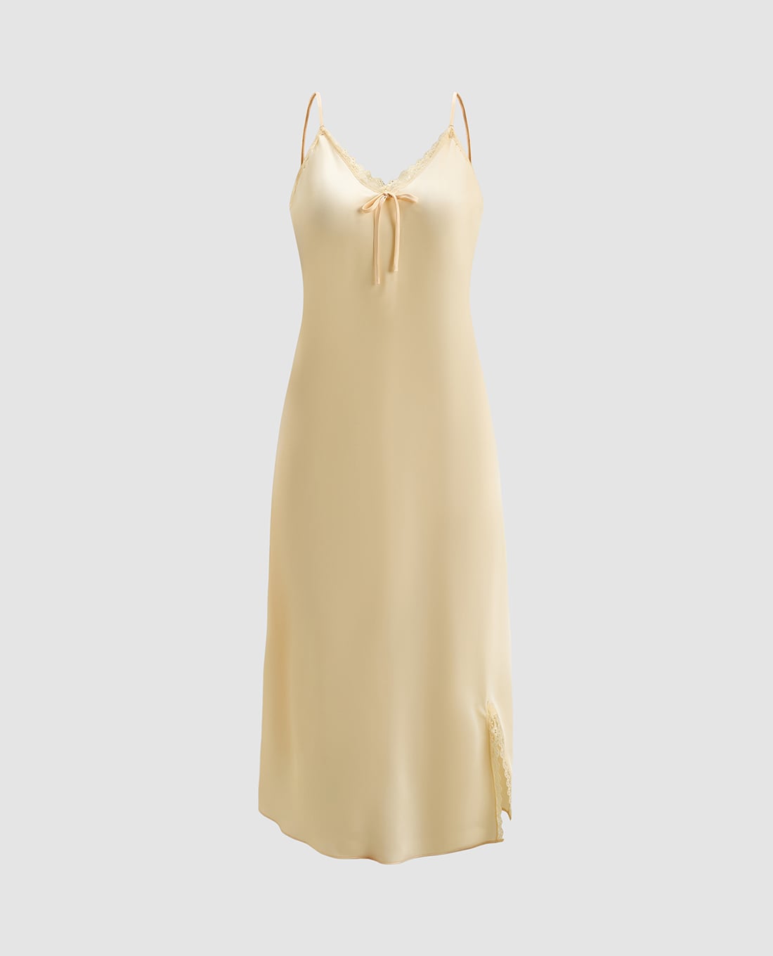 VERA - Đầm midi mặc nhà hai dây satin trơn phối ren