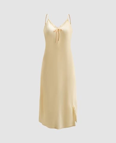  VERA - Đầm midi mặc nhà hai dây satin trơn phối ren 